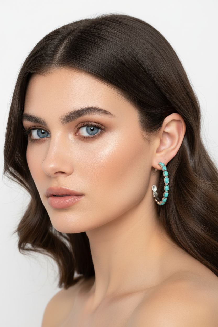 Blue-eyed woman wearing turquoise hoop earrings