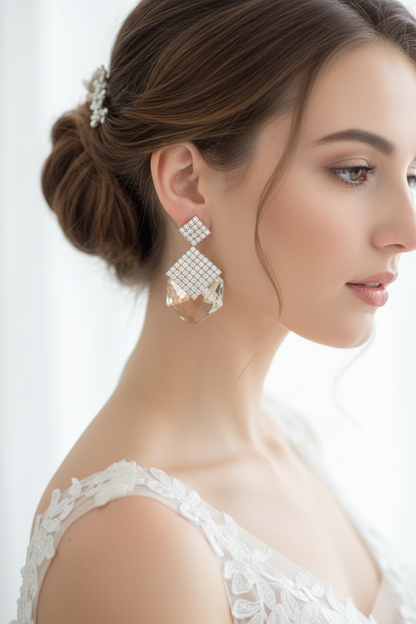 Bridal portrait with champagne crystal earrings