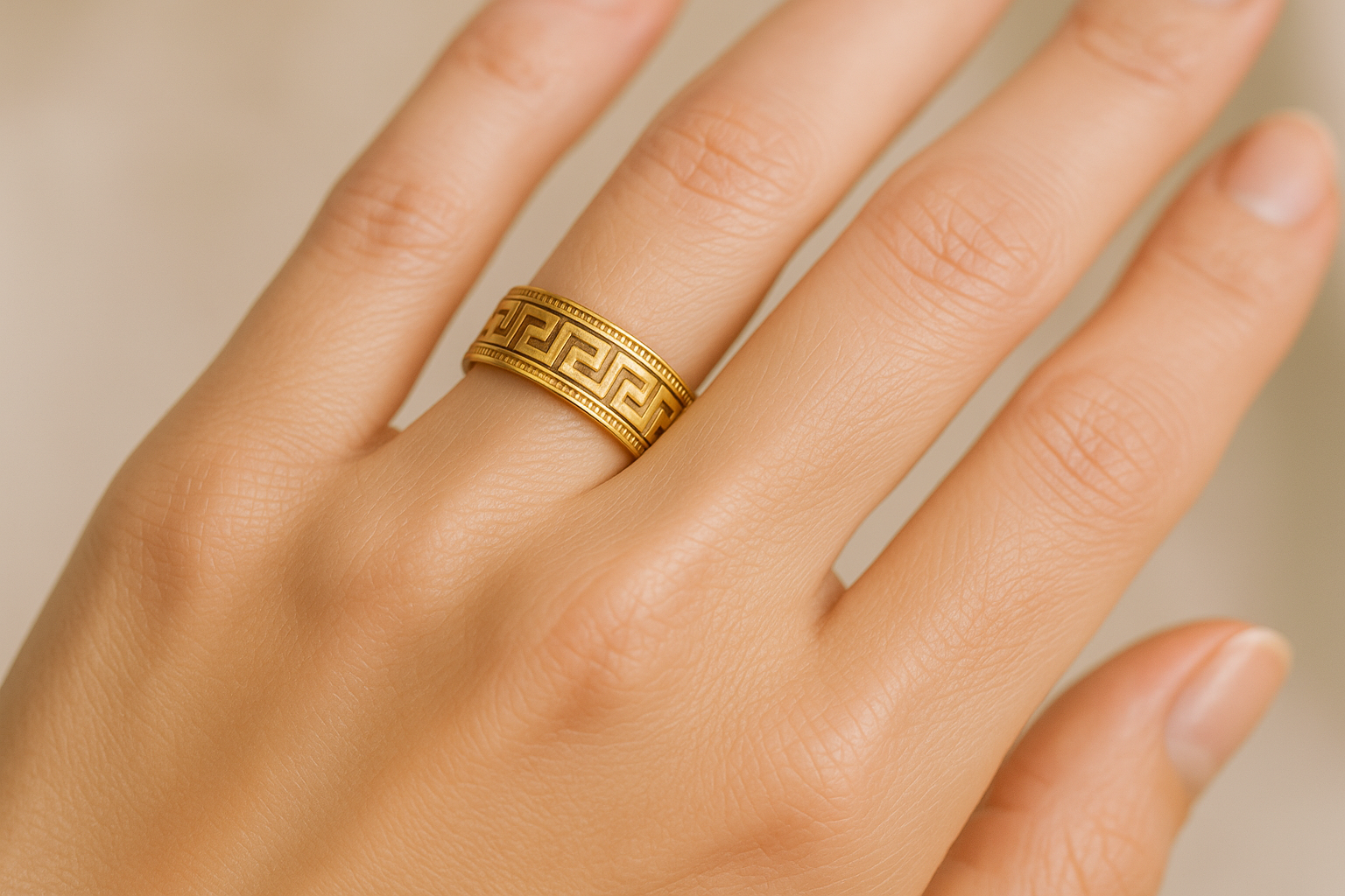 Gold Greek key ring on finger