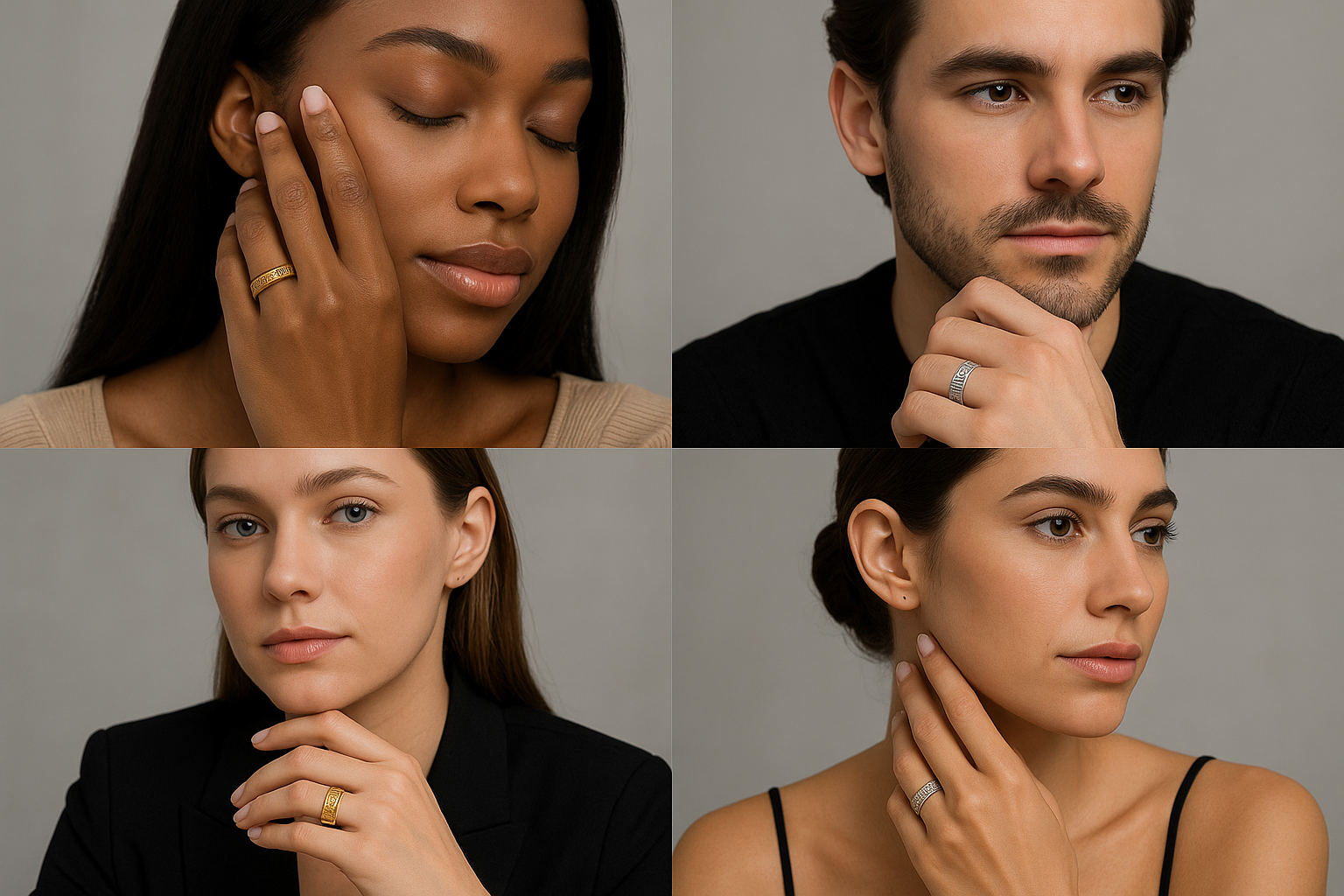 Multiple models wearing Greek key rings